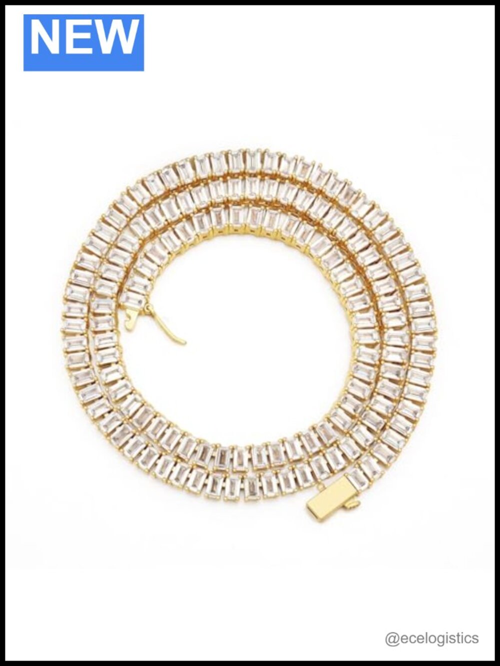 Baguette Tennis Necklace Gold Plated Cubic Zirconia 20in Chain